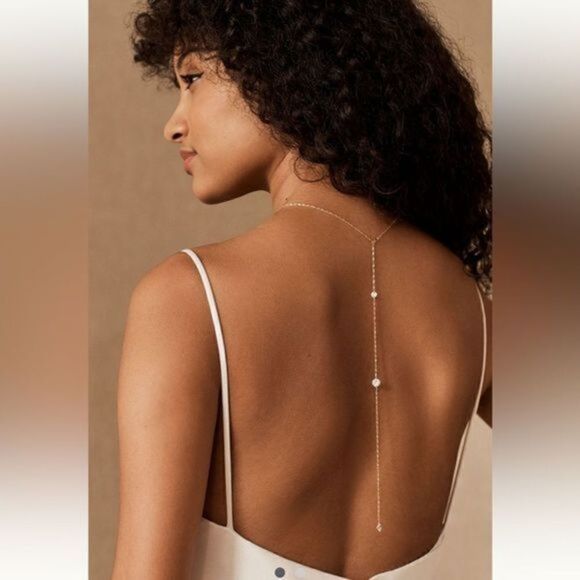 Anthropologie Lorraine Back Necklace Wedding Jewelry Gold Chain 2 Crystals - Picture 1 of 5